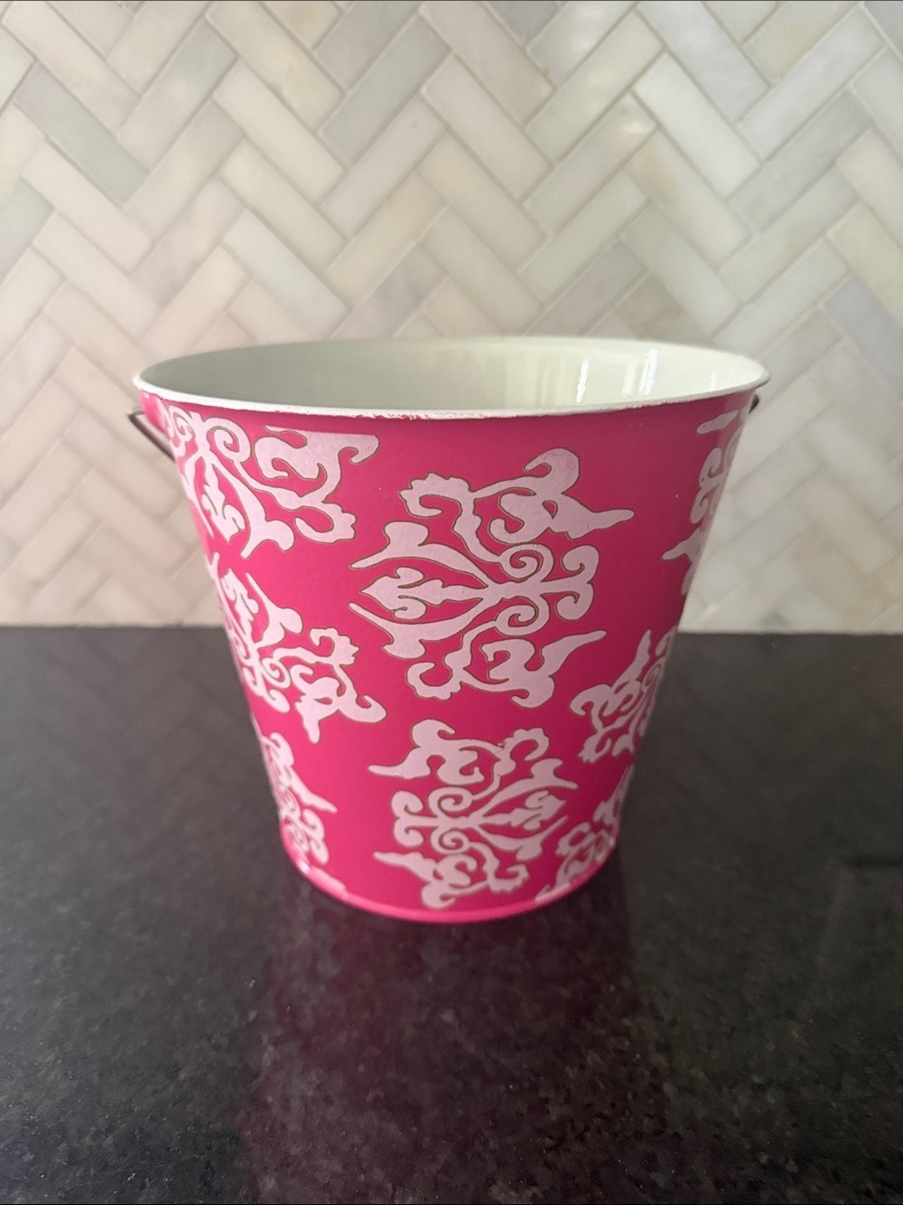 Pink Decorative Metal Bucket with White Damask Pattern golden rabbit